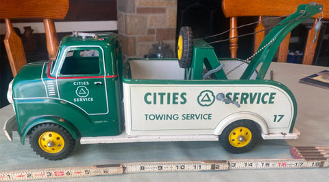 50's Marx Cities Service Gas Oil GMC Tow Truck Tin Steel Toy 18" Wrecker Minty!