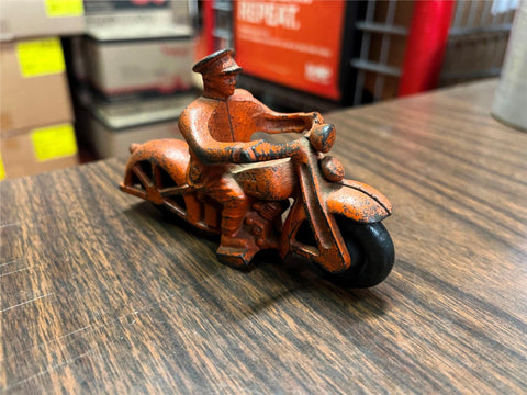 VTG Antique 1930s Made in USA Hubley Cast Iron Orange Police Cop Motorcycle