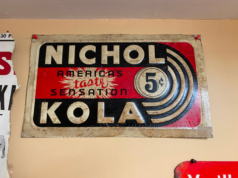 Vtg 1920's Nichol Kola Soda Advertising Tin Sign Antique 5 Cent Americas taste s