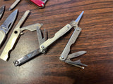 Large Lot Of 7 Folding Pocket Knives Assorted Styles Swiss Army Silver Tone