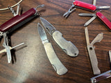 Large Lot Of 7 Folding Pocket Knives Assorted Styles Swiss Army Silver Tone
