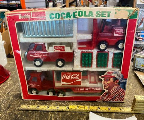 Vtg 70's Buddy L Coca-Cola Diecast 5-Piece Brute Tin Toy Truck Set Original Box!
