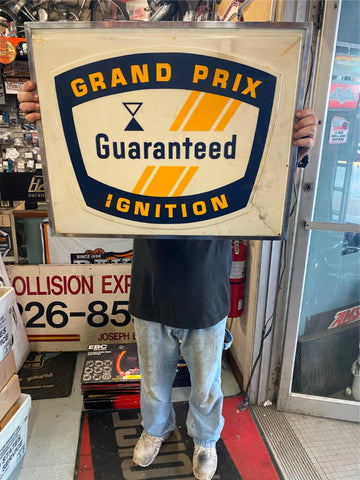 Vtg Grand Prix Guaranteed Ignition Tune Light Up Double sided Sign Oil Gas Servi