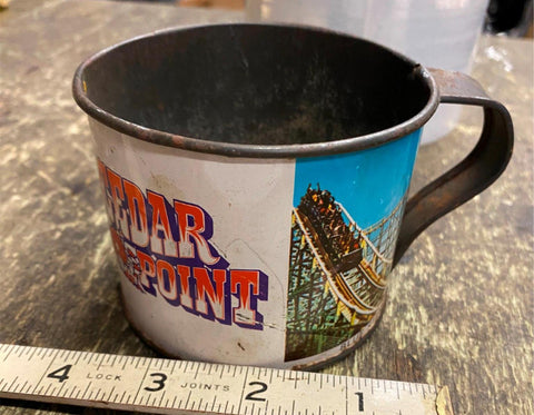 Vtg Cedar Point Amusement Park Souvenir Tin Cup Blue Streak Rollercoaster 70's !