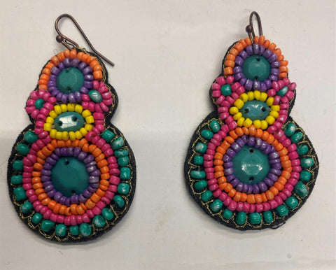 Vtg Hanging Bohemian Beaded Earrings Multi color Tropical Islands Handmade
