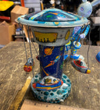 Vtg Wind up Tin Toy Schylling Rocket Carousel Space Station Spinning Ships Works