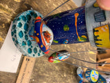 Vtg Wind up Tin Toy Schylling Rocket Carousel Space Station Spinning Ships Works