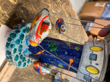 Vtg Wind up Tin Toy Schylling Rocket Carousel Space Station Spinning Ships Works