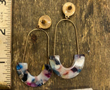 Vtg Multi Colored Polished Stone Rainbow Resin Geometric Earrings Marbelized