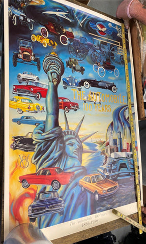 1886-1986 100 Years Automobile Signed Poster 200/1000 J van Wyk ARtist Tbird GTO