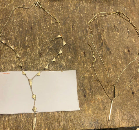 2 Vtg Lot Double look Long Drop Necklaces Dress Classy Drop Bar Gold Teardrops