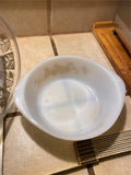 Vtg Glasbake Casserole 2 Quart Round Gold Daisy Milk Glass Cooking Wear Lid!