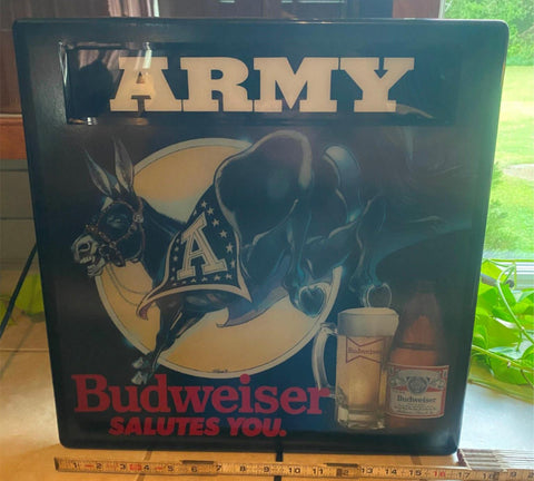 Vtg Budweiser Salutes You Army Beer Light up Sign Mule Military Breweriana Cave!