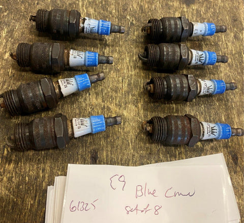 Vtg 1920's Blue Crown Spark Plugs E9 Set of 8 Lot Auto Indy Car Performance