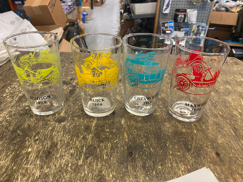 Vtg Hazel Atlas Set of 4 Antique Car Design Barware Drinking Glasses Buick Hudso