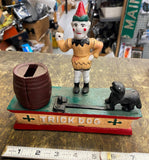 Vtg Trick Dog Cast Iron Mechanical Coin Piggy bank Clown Works!