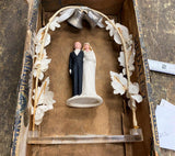 Vtg wedding cake topper Groom Bride 1950's Floral arch Bells Porcelain antique!