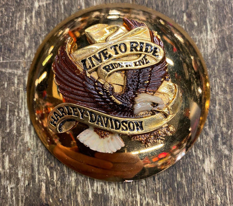 Vtg NOS Gas Cap Cover Brass Live to Ride Eagle Harley Softail Dyna Sportster FXR