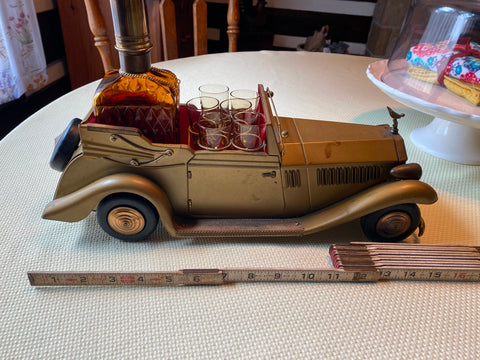 Vtg 70s Car Rolls Royce Gin Scotch Decanter Shot Glasses Music Box "How Dry I Am