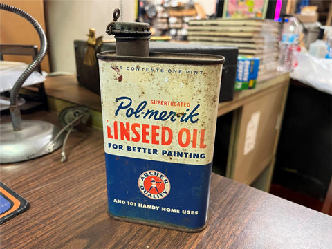 Vintage 1960s Made in USA Pol-Mer-Ik Linseed Oil Full Pint Tin Can