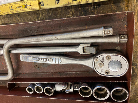 Vtg Firestone Tires Socket Set Tools Box Logo Mechanic Auto Truck Gas OIl collec
