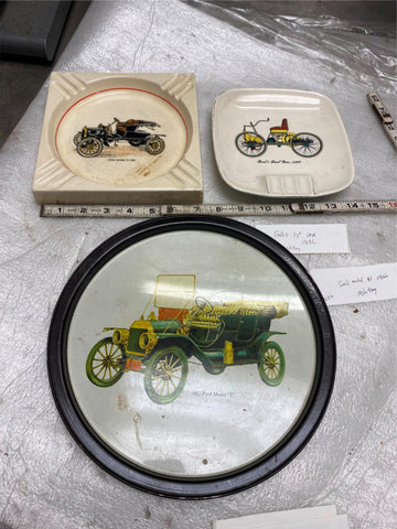 Vtg AShtrays Henry Ford 1st Car 1896 model N 1906 Serving tray Sign Display Lot!