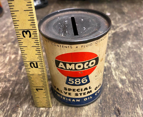 Vtg Amoco 586 Special Piston & Valve Stem Metal Tin Oil Gas Can Coin Bank