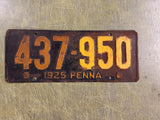 VTG Original Antique 1925 Pennsylvania License Plate 437-950 Rat Rod Man Cave