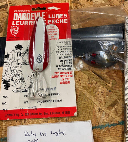 Vtg Fishing Lures Eppingers Dardevle Ruby Eye Wiggler Mouse Fisherman  Lot!