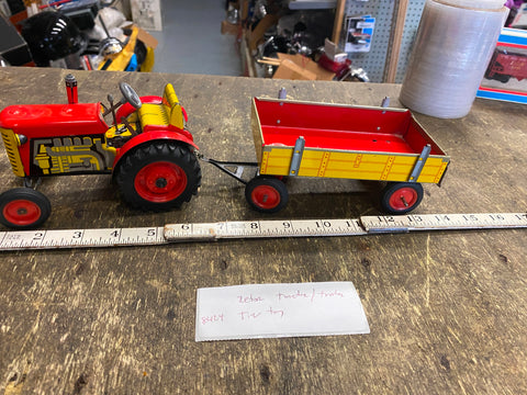 Vtg Tin Toy Tractor & Cart Zetor Wind Up Litho Minty!