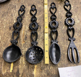 Cast Iron Decorative Kitchen Utensil set Wall Hanging Display Spoons fork Vtg