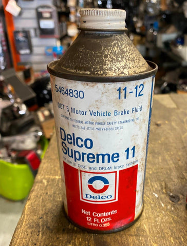 Vtg Delco Oil Brake Fluid Tin Metal Can Cone Top Chevy Hot Rod collector Full!
