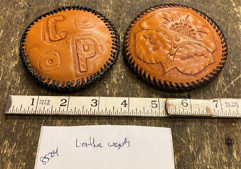 Hand tooled Leather Laced Decor Jewelry Coaster buckle Paper weights Desk Pair!