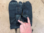 Vintage 1970s Heavy Duty Black Leather Three Fingered Mittens Gloves Sz L