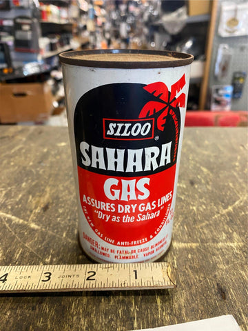 Vtg Metal Oil Gas Can Siloo Sahara Tin Service station Great Graphix Garage CAve