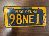 Vintage Original 1956 Pennsylvania License Plate 98NE1 Man Cave