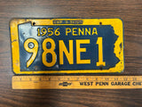 Vintage Original 1956 Pennsylvania License Plate 98NE1 Man Cave