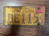 Vintage Original 1942 Pennsylvania License Plate BE115 W/ Metal Year Tab