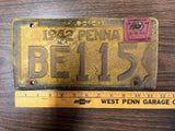 Vintage Original 1942 Pennsylvania License Plate BE115 W/ Metal Year Tab