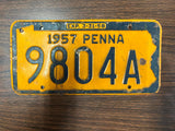 Vintage Original 1957 Pennsylvania License Plate 9804A Man Cave