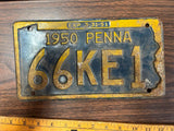 Vintage Original 1950 Pennsylvania License Plate 66KE1 Man Cave