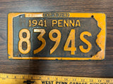 Vintage Original 1941 Pennsylvania License Plate 8394S Man Cave