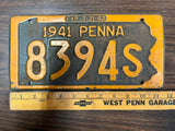 Vintage Original 1941 Pennsylvania License Plate 8394S Man Cave