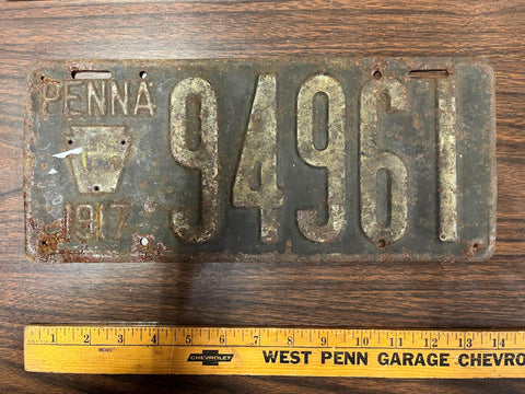 Vtg Antique Original 1917 Pennsylvania License Plate 94961 Man Cave