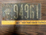 Vtg Antique Original 1917 Pennsylvania License Plate 94961 Man Cave