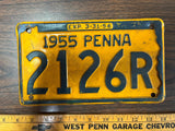 Vintage Original 1955 Pennsylvania License Plate 2126R Man Cave