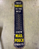 Original 1941 Porcelain Chew Mail Pouch Tobacco Advertising Thermometer Sign