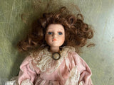 VTG 12" Collectable Memories Porcelain Doll Pink Dress Brooch