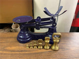 VTG 1940s Old Blue Enamel Metal Kitchen weight balance Scale w/ brass weights