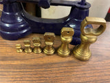 VTG 1940s Old Blue Enamel Metal Kitchen weight balance Scale w/ brass weights